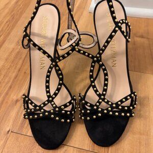 Stuart Weitzman Black Suede Gold Stud Strappy Heels Ankle Wrap Sandals (size 8)